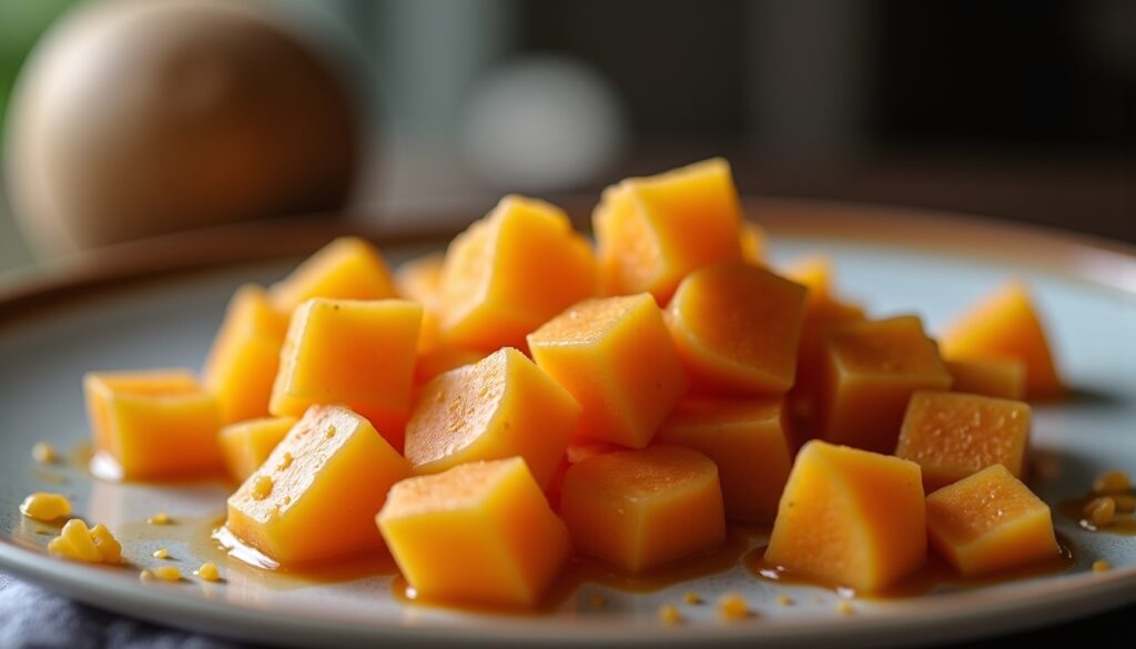 Délice onctueux de patates douces et carottes, sublimé par un voile de lait de coco