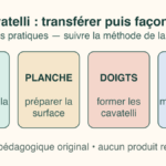 Schéma séparant le transfert de pâte depuis le bol du façonnage manuel des cavatelli sur une planche.