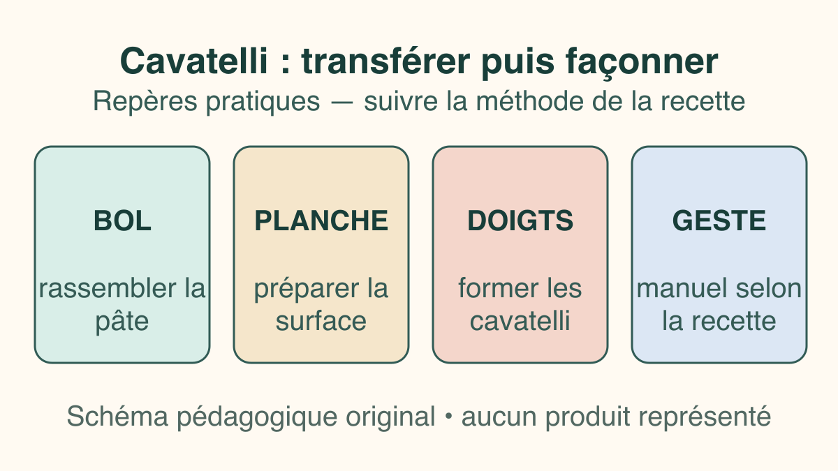 Schéma séparant le transfert de pâte depuis le bol du façonnage manuel des cavatelli sur une planche.